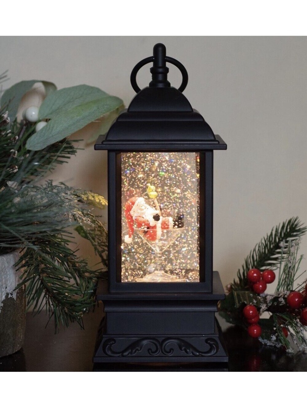 Christmas Light Up Snow Globe Santa IN MARTINI GLASS Lantern Glitter Swirl Water